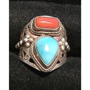Sterling Silver Ring Fine Jewelry Size 7.5 Band Turquoise & Coral Stones